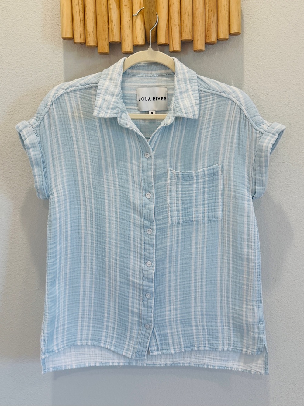 Lola River Light Blue Striped Button Front Gauze Cotton Top